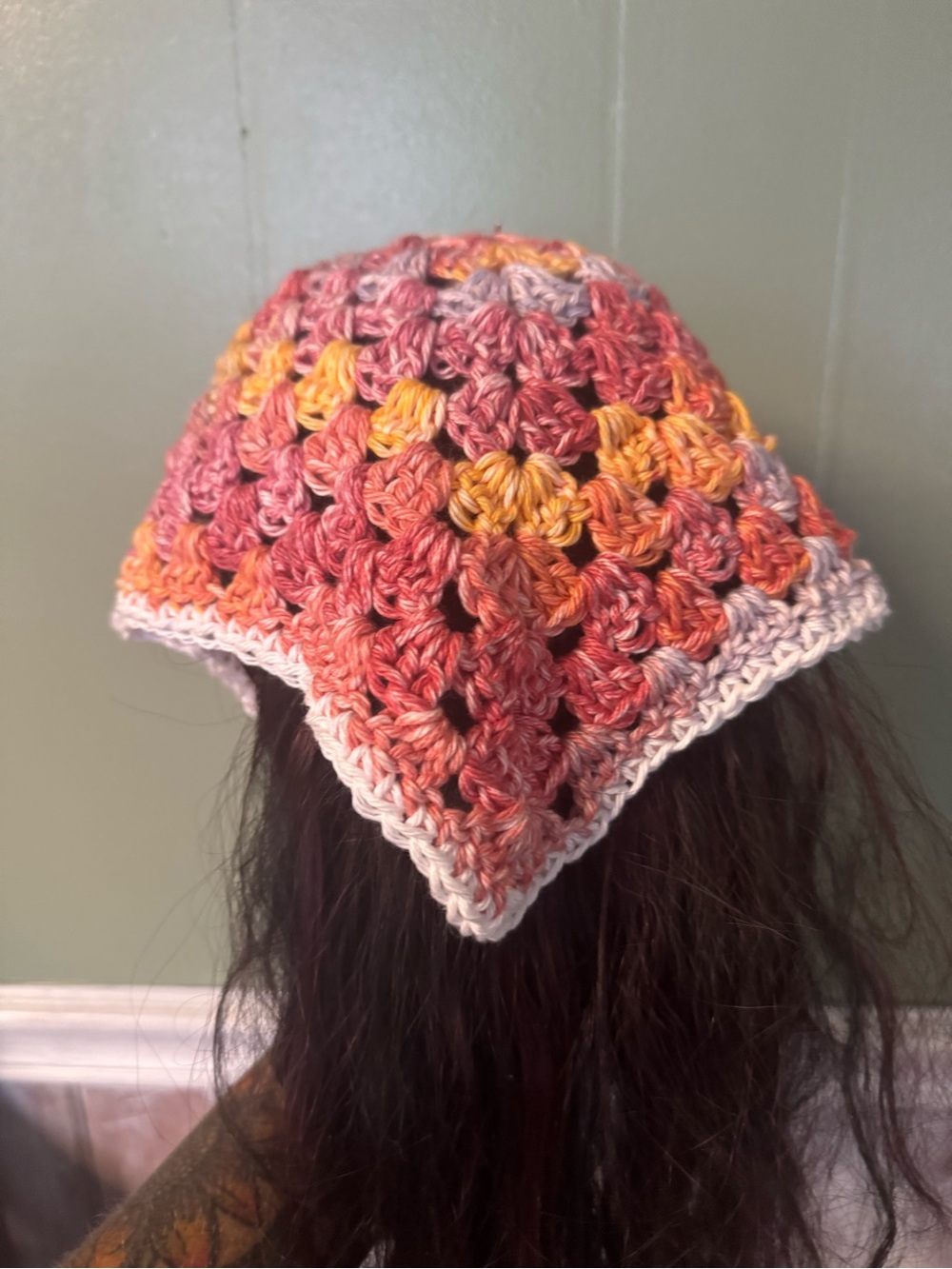 Hand-Crocheted Multicolor Triangle Headscarf — Coral & Yellow